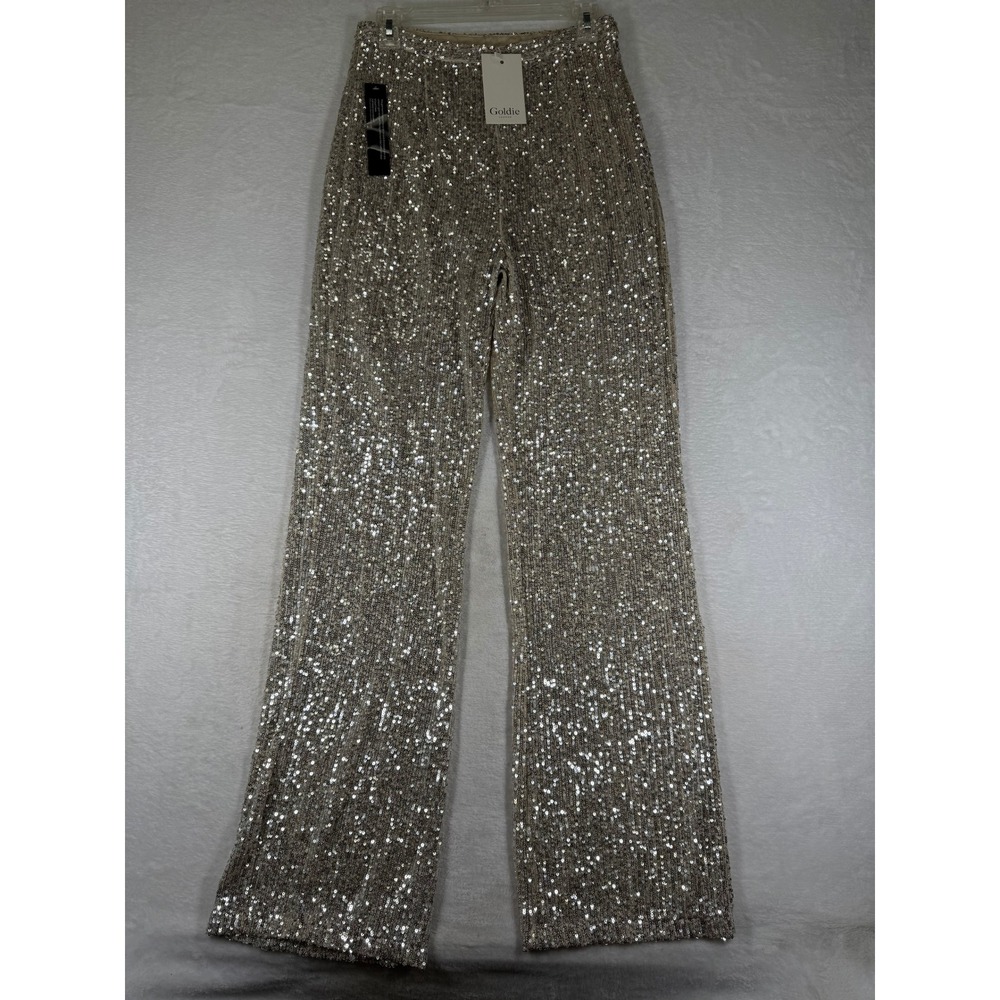 Goldie London Womens Sequin Wide Leg Pants Champagne Gold Silver Sparkle Small